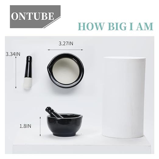Mortar and Pestle Set (3.2 Inch-Black) | Ceramic stoneware, sturdy, multi-purpose, spice/herb/pill, easy-clean, non-slip, comfy, dishwasher-safe, compact, elegant