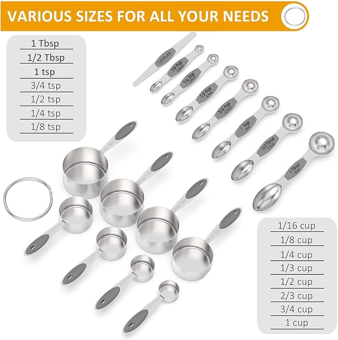 Wildone Measuring Cups and Magnetic Measuring Spoons Set, 16Pcs | 8 Stainless Measuring Cups, 7 Double-sided Magnetic Measuring Spoons & Leveler for Spice Jar and Liquid Measuring, Gray