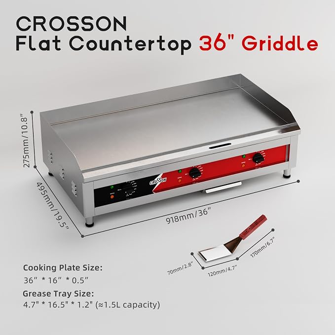 CROSSON ETL Listed 36"*16" Large Commercial Electric Countertop Griddle,Flat Top Heavy Duty Griddles with Non-Stick 1/2" Thick Iron Cooking Plate for Restaurant use-240V/6600W (EG-918C)