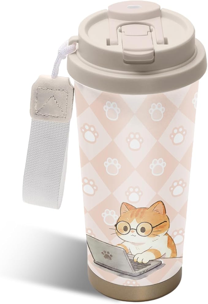 Cat Tumbler Stainless Steel 2-in-1 Lid Coffee Tumbler 18 oz Cat Lovers Insulated Travel Coffee Mug Cats Mom Gifts Water Bottle for Women Men Birthday Christmas