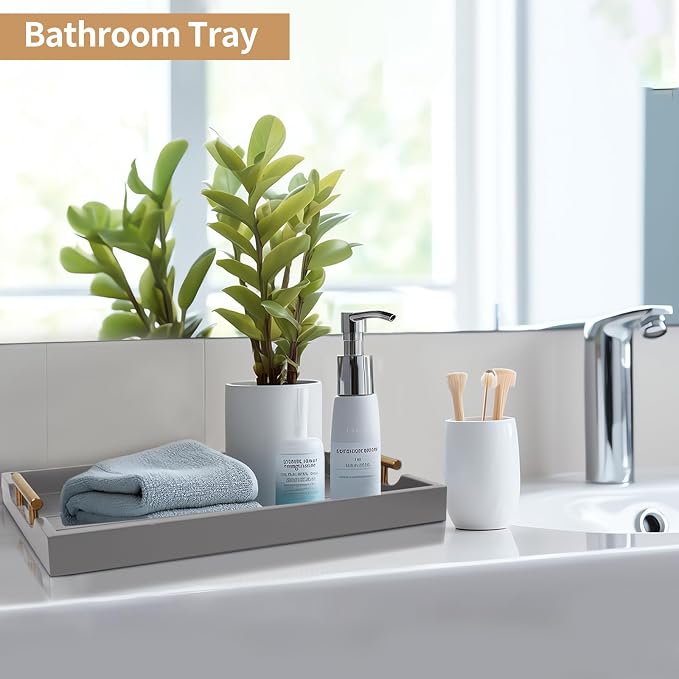 SXNOWS Wooden Serving Tray with 2 Sets of Handles,Gray | 16.5x13 Inch Large Ottoman Tray Platter for Coffee Table Living Room Breakfast in Bed Party, 4 Round Coasters Included