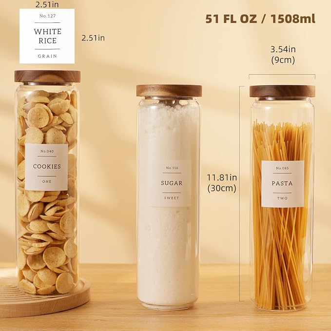 3 Pack Glass Canisters with Airtight Acacia Lids and 132 Kitchen Pantey Labels Preprint - 51 Fl Oz Borosilicate Glass Pantry Storage Jars Containers with Wooden Lids for Pasta,Spaghetti,Cereal,Noodles