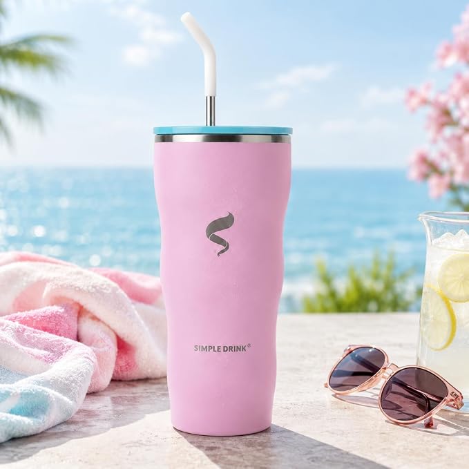 30 oz Insulated Tumbler with Straw and Lid, Pink Aqua | 18/8 stainless steel, double-wall vacuum insulation, BPA-free materials, reusable straw, for everyday hot and cold drinks.