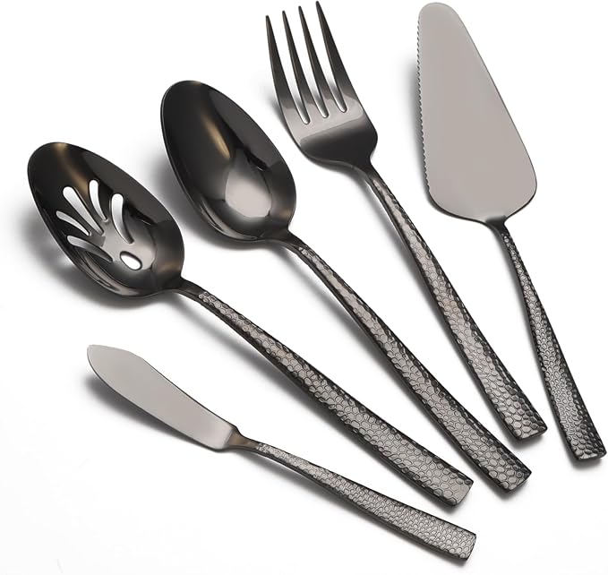 Large Hostess Serving Utensils Set, Stainless Steel Heavy Duty Hammered Serving spoons, Slotted Spoons, Serving Fork, Cake Server, Butter Knife, Dishwasher Safe（Black）