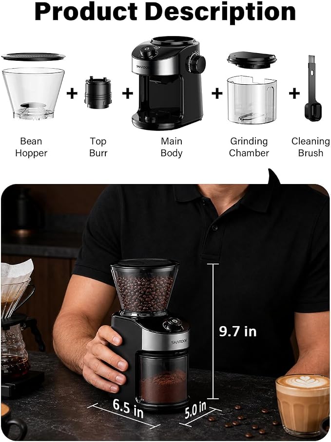 SHARDOR Burr Coffee Bean Grinder, 32 Settings, 40-Second Timer, Black | Electric Grinding, Chamber Cleaning Button, Adjustable Grind Time Control, Removable Hopper, Compact Design, Home Brewing