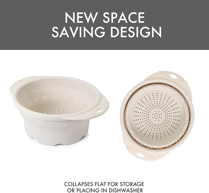 Dexas 10" Collapsible Silicone Colander in Cream, Kitchen Strainer with Handles, 15.1 Cup Capacity | BPA-Free, Heat-Resistant, Space-Saving Kitchen Tool