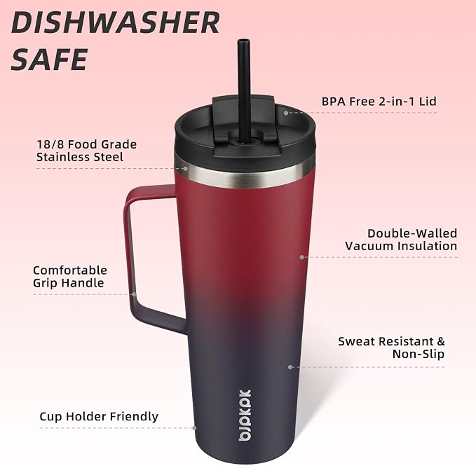 BJPKPK 26oz Insulated Tumbler with Handle, Lid & Straw, Stainless Steel | Double Wall Vacuum Insulated Coffee Travel Mug - Keeps Cold & Hot, BPA Free, Cupholder Fit for Office, Gym & Travel