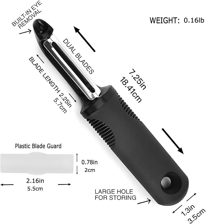 Vegetable Peeler,Non-Slip Handle,Sharp Stainless Blade for Potato | Multifunctional Peeler,Built-in Potato Eye Remover, Zero Snag, Ergonomic Grip,Plastic Blade Guard for Fruit Pumpkin (Black)