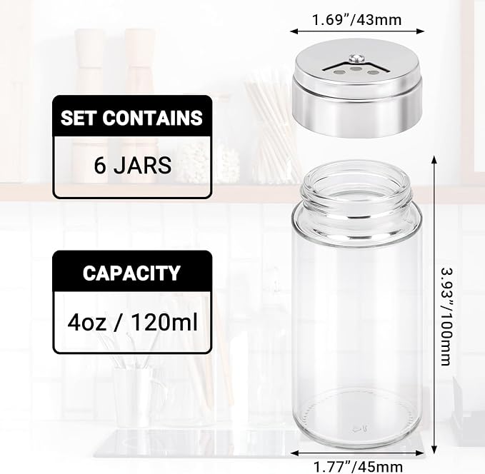 Segarty Spice Jar with Shaker Lids, 6 Pack 4 oz Glass Spice Jars with Adjustable Pour Large Holes for Herbs Grains, 120ml Clear Empty Seasoning Containers Spices Bottles Lid Salt Pepper Shakers
