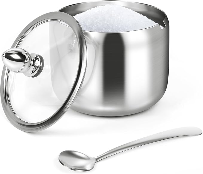 holoith Sugar Container with Glass Lid and Spoon, Silver