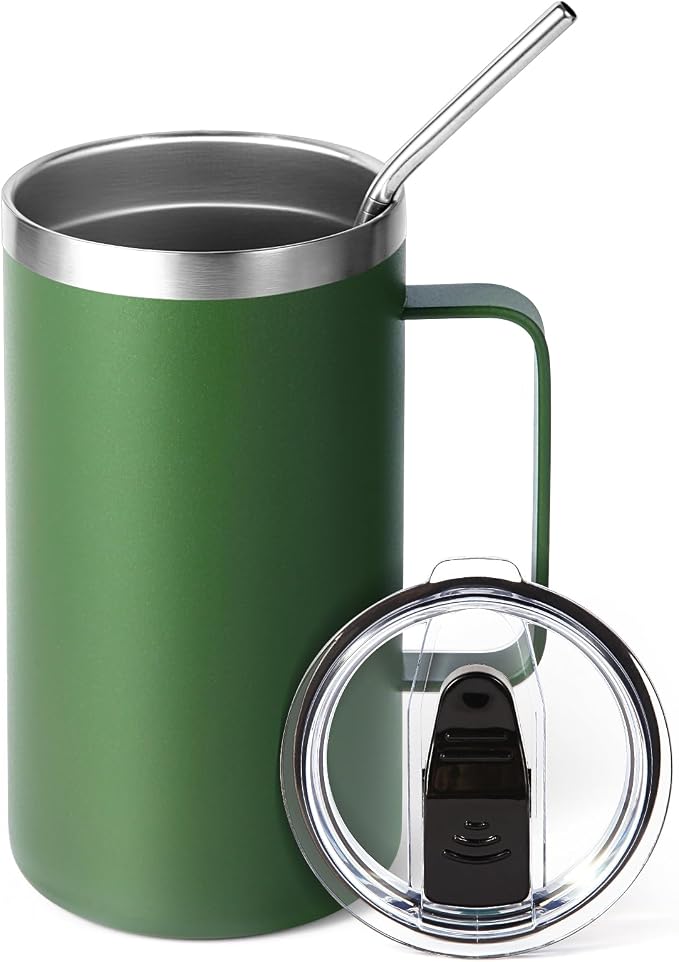 Volhoply 22oz Insulated Stainless Steel Coffee Mug with Leakproof Lid,Double Wall Vacuum Travel Coffee Cup with Handle,Reusable Metal Tumbler,Camping Mugs Keep Hot&Cold(Army Green,1)