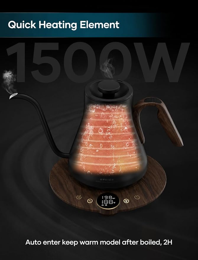 INTASTING Gooseneck Electric Kettle with ±1℉ Temperature Control 0.9 Liter | 1500W Quick Heating, Stainless Steel Inner, Pour Over Coffee & Tea, Keep Warm, Auto Shut-Off, Built-in Brew Timer, Rainforest
