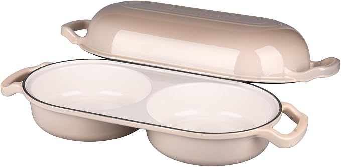 Enameled Cast Iron Double Dutch Oven with Lid, Dual Round Loaf Pan, Bread pan for Homemade Sourdough Bread Baking, Latte