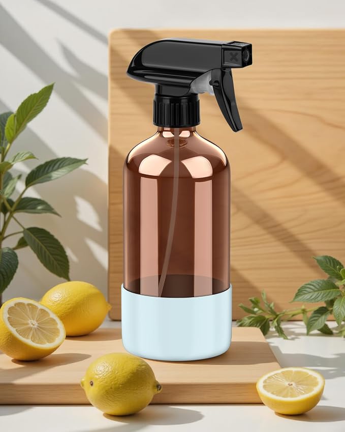 Bontip Amber Glass Spray Bottle, 16 oz with Blue Silicone Sleeve, 1 Pack | Refillable amber glass bottle, With protective silicone sleeve, BPA-free, UV shielding, Great for cleaning solutions,plants