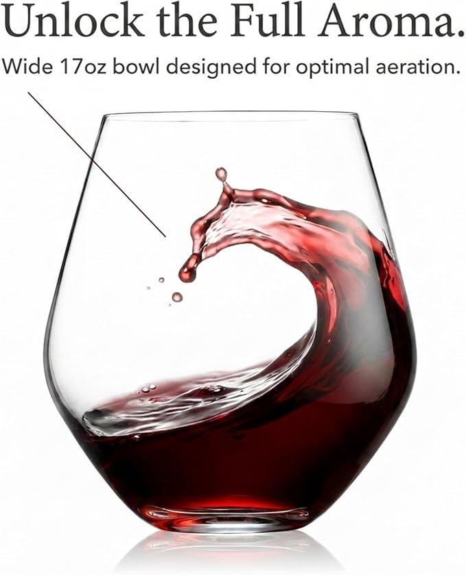 Godinger Wine Glasses, Stemless Wine Glasses, Red Wine Drinking Glasses, Stemless Wine Glass - 17oz, Set of 4 - Made in Europe