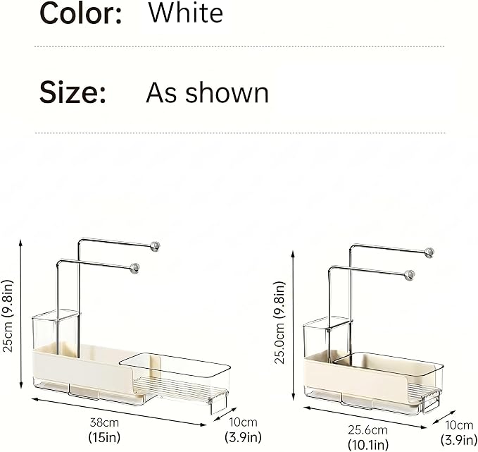 Expandable Kitchen Sink Caddy 25-38cm, 360° Rotating Sponge Holder & Brush | White, large, stretchable 25-38cm. Side brush holder, triple drainage, rust-proof.Ideal for sponge & kitchen sink accessories