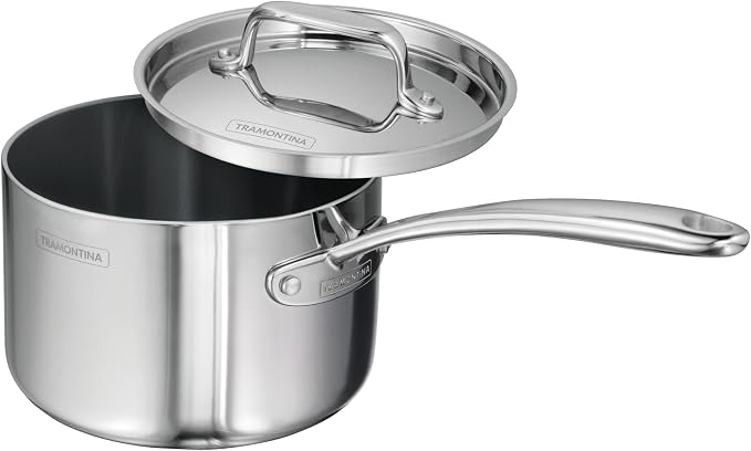 Tramontina Utsava Tri-Ply Clad Stainless Steel 2.2-Quart Sauce Pan with Lid | Ceramic Non Stick Interior, Induction-Ready Small Saucepan