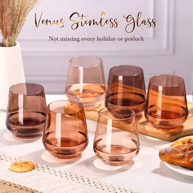 Venus Stemless Wine Glass Set of 6-17oz Wine Glasses, Stemless Drinking Glasses for Wine, Cocktails & Beverages - Elegant Glassware for Home, Bar & Holiday Use