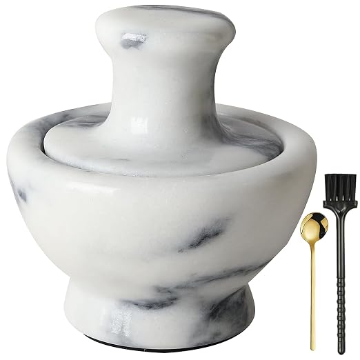Marble Mortar and Pestle Set for Grinding Herbs Spice Pills Seeds Guacamole Garlic and Ginger Stone Grinder Seasoning Crusher Elegant and Cute Kitchen Tools (White)