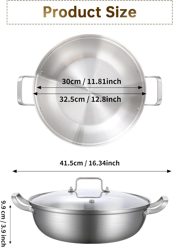 Yeksum Tri-Ply Stainless Steel Saute Pan,Deep Frying Pan with lid,Compatible with All Cooktops Up to 650℉, Everyday Pan,Hot Pot,Kadhai,Induction Cooking Pot,Dishwasher and Oven Safe. (5QT)
