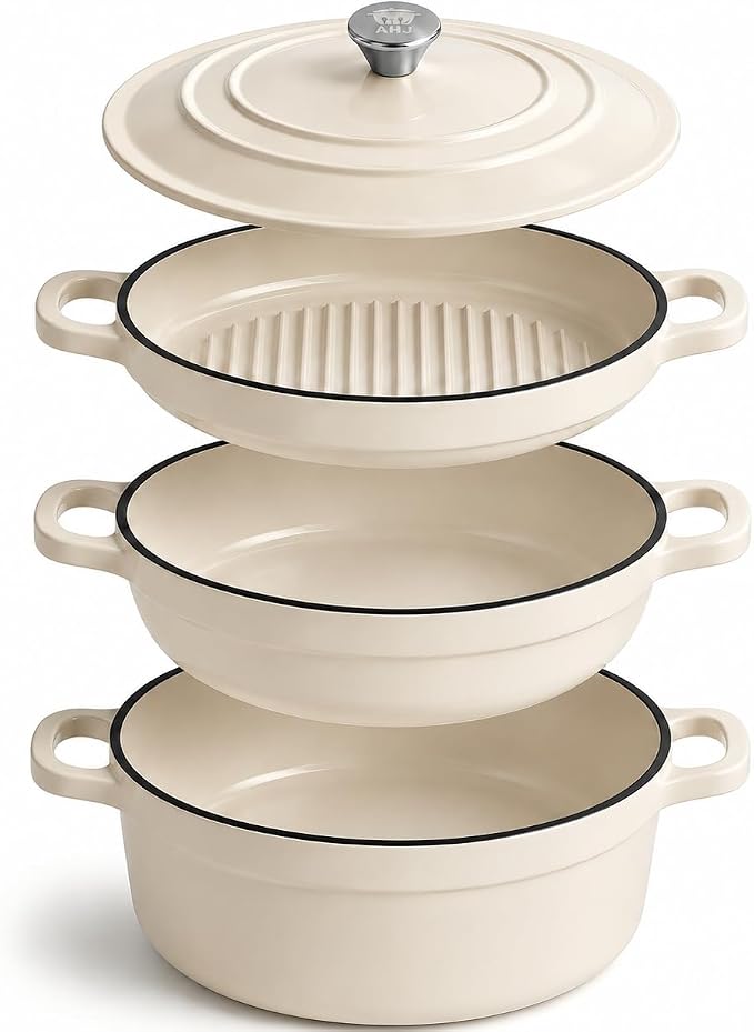 AHJ Enameled Cast Iron Dutch Oven Set - 4 Piece Cookware Set with Lids | 4.8Qt, 2.6Qt and 1.3Qt Dutch Ovens, Stackable Cast Iron Pots and Pans Sets for Bread Baking, Slow Cooking and Roasting, White