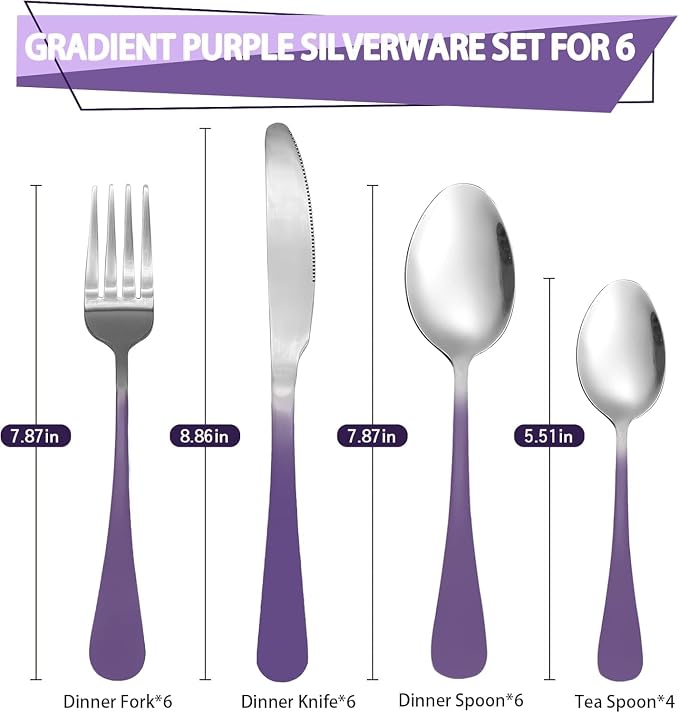 24 Pieces Flatware Set, Caliamary Stainless Steel Flatware Set with Silverware Holder Spoons Forks Knives,Utensils Set Service for 6,Gold Mirror Polished and Matte Pink Painted (GradientPurple)
