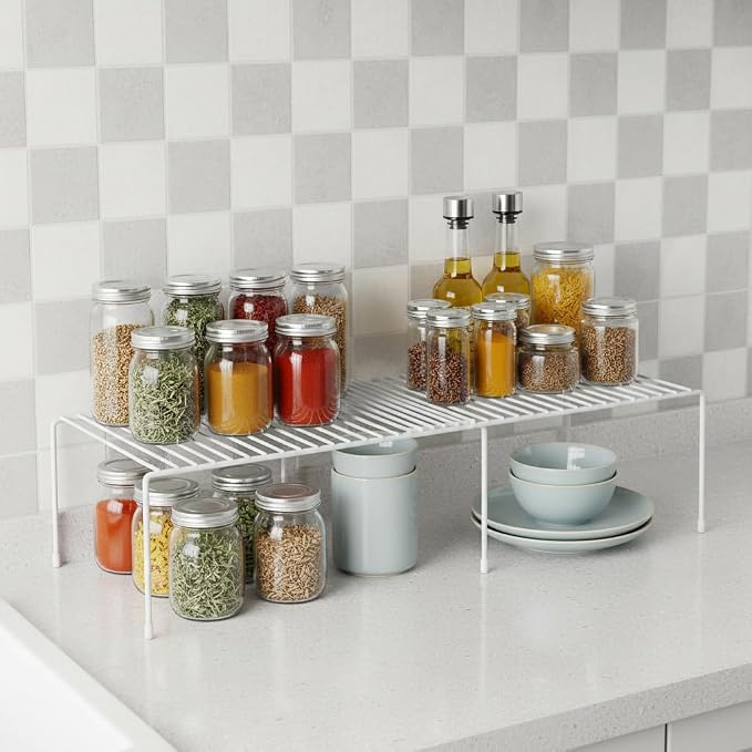 4-Pack Expandable Medium (13.4-25.1x9inch) Kitchen Organizer Rack, Kitchen Shelves for Spice Organization for Cabinet, Pantry Organizers and Storage, Spice Rack, Desk Organizer, White