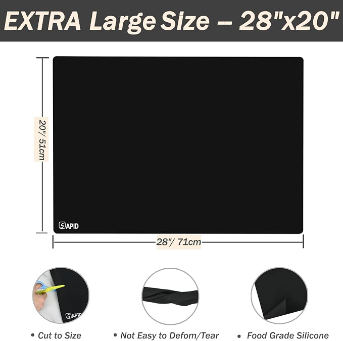 1.5MM Extra Thick Placemats Large Silicone Mat Heat Resistant Table Mat | 28" x 20" Kitchen Countertop Protector, Washable Place Mats Silicone Mats for Kitchen Counter Mat Table Mat, Black, Sapid