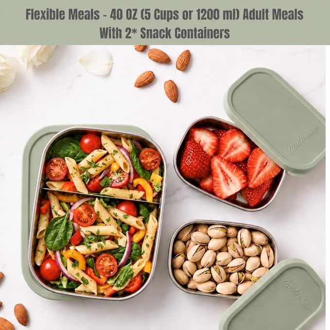 Flexibento Leak Proof 40 OZ Stainless Steel Lunch Box, Silicone Lids, Sage Set of 3