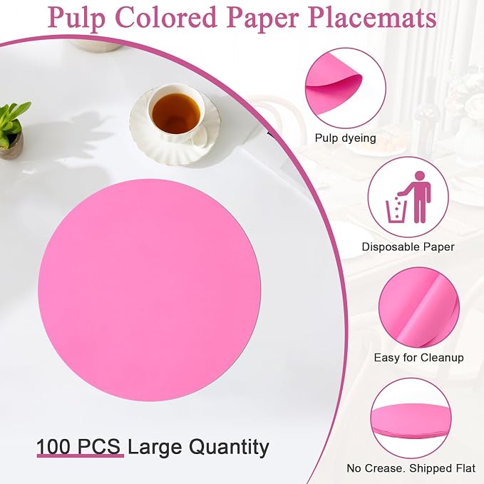 SHACOS 100 pcs Ultra Pink Round Disposable Placemats 13 inch Colored Paper Place Mats for Wedding Birthday Party Bridal Baby Shower Table Decoration