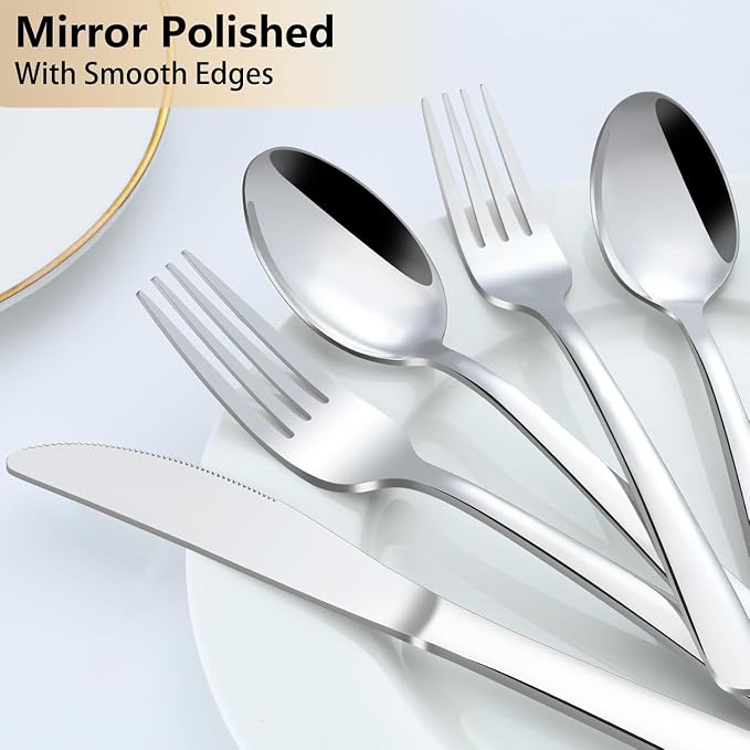 Pleafind 60-Piece Silverware Set Service for 12 - Stainless Steel Flatware Set with Forks, Spoons & Table Knives, Mirror Polished Cutlery Utensil Sets for Home and Restaurant, Dishwasher Safe