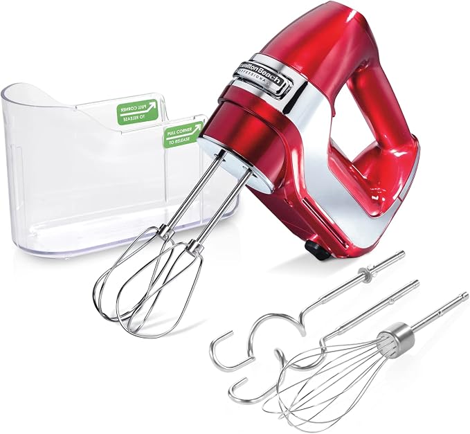 Hamilton Beach Professional 5-Speed Electric Hand Mixer | High-Performance DC Motor | Slow Start | Snap-On Storage Case | Stainless Steel Beaters & Whisk | Red & Chrome| 62653