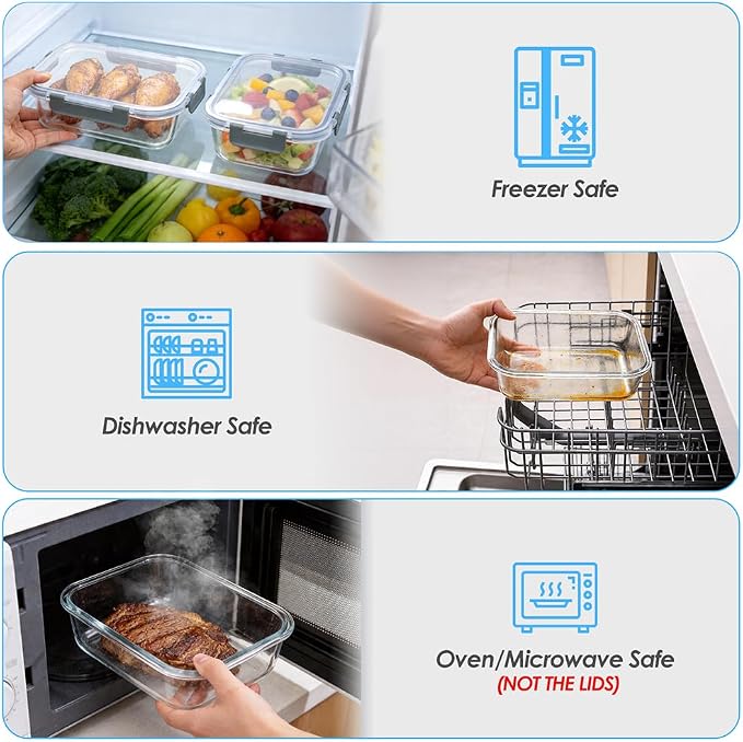 5-Pack 36oz Glass Food Storage Containers with Lids, Grey | Glass Meal Prep Food Container Sets, Airtight, Reusable, Leak-Proof, Microwave Oven Freezer Dishwasher Safe