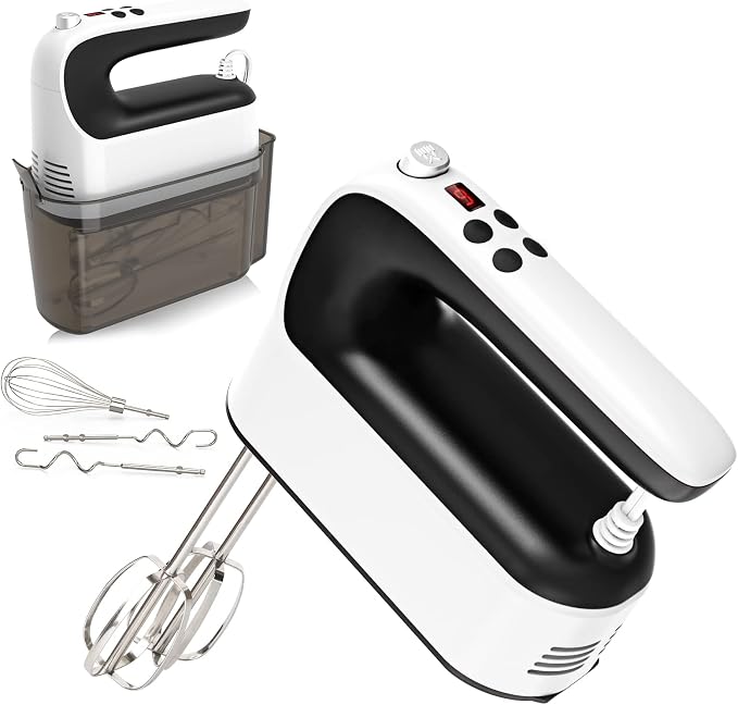 Yomelo 9-Speed Digital Hand Mixer Electric, 400W Powerful DC Motor, Hand Mixer Electric Handheld with Snap-On Storage Case, 5 Stainless Steel Accessories, Beaters, Dough Hooks, Whisk(White/Black)