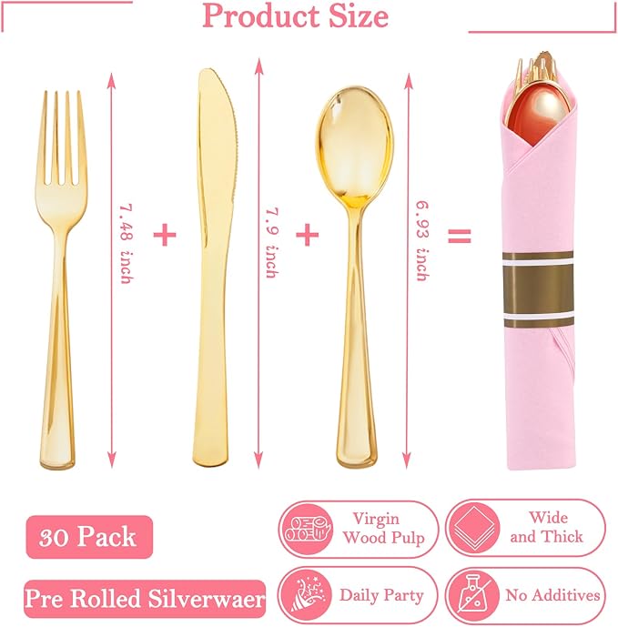 30 Pack Gold Plastic Silverware Set with Pre Rolled Pink Napkin | Heavy Duty Disposable Wrapped Cutlery with Pink Linen Feel Napkins for Birthdays, Weddings, Parties & Special Events