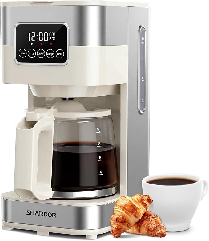 SHARDOR 10-Cup Programmable Coffee Maker, Regular & Strong Brew Drip Coffee Machine for Home and Office, Auto Shut Off, Permanent Filter (Beige)