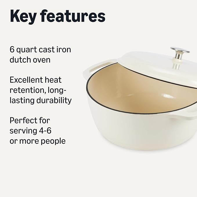 Amazon Basics Enameled Cast Iron Dutch Oven Pot with Lid, Round, Dual Handles, Heavy-Duty, Oven Safe for Stews, Roasting, Baking, 6-Quart, White