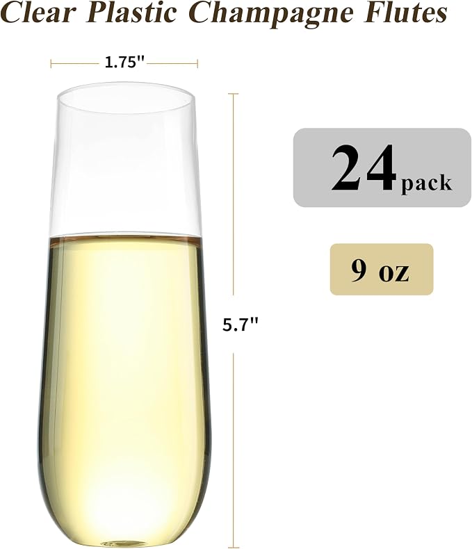 Bestluck 24 Pack 9 oz Clear Stemless Plastic Champagne Flutes | Clear Disposable Champagne Toasting Glasses, Shatterproof and BPA-Free Drinkware for Party & Graduation & Wedding