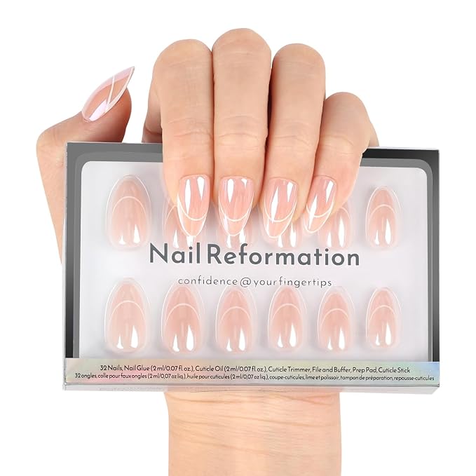 Nail Reformation Press On Nails, Minimalist | Short Almond Fake Nails | Curved French Tip on Nude Base in a Glazed Finish, Reusable Stick On Nails in 16 Sizes - 32 False Nail Kit for Women Gifts