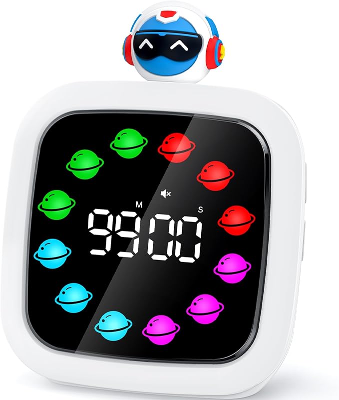 Digital Visual Timer for Kids, 99-Minute Countdown, Rechargeable | 19 Music Alarm, Pause Function, 9 Optional DIY Color Planet Display, Robot Doll, for Study, Homeschool, Kitchen