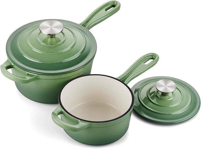 Onader Enameled Cast Iron Saucepan Set, 1 Quart & 2 Quart Sauce Pan with Lid, Small Cast Iron Pot for Cooking, Enamel Dutch Oven Nonstick & Heavy Duty – Pistachio Green