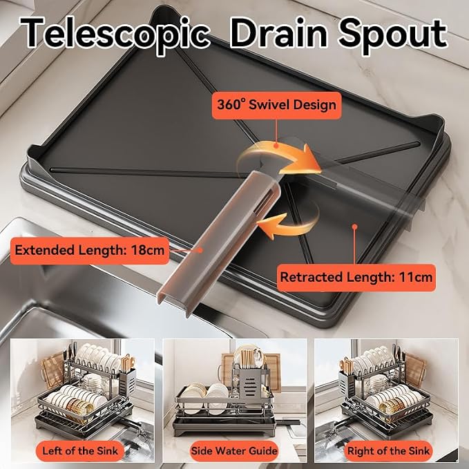 2-Tier 304 Stainless Steel Dish Drying Rack for Kitchen Counter, Gray | Dish rack separates plates, bowls, cups and utensils, while side drainage directs water toward the sink.