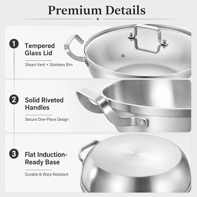 DELARLO Tri-Ply Stainless Steel Hot Pot 13 inch Everyday pan With lid,5QT | Deep Saute Pan, High Side Kitchen Cooking Pot, Chef's Pans, Induction Deep Frying Pan, 5QT Stock Pot, Up to 550℉