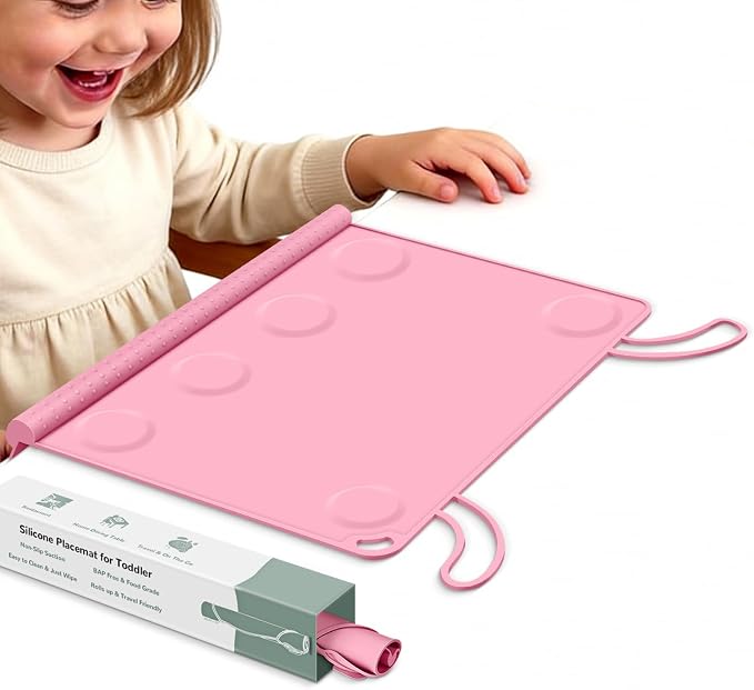 Silicone Placemat for Babygirls Eating-Out: Wipe Clean & Roll up for Outdoor - Pink Table Mat for Restaurant/Travel/On-The-Go
