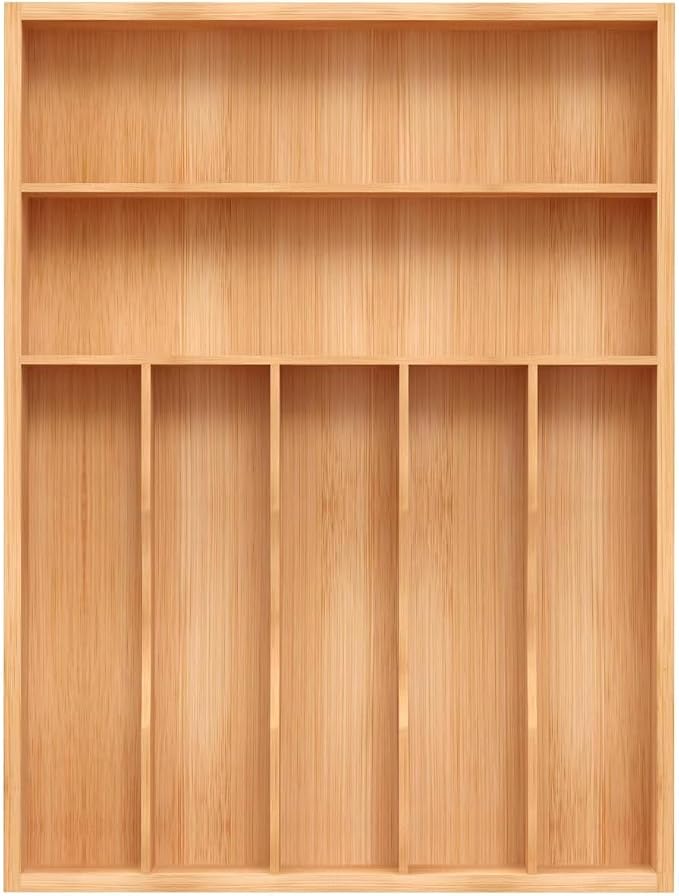 Unibambou Bamboo Silverware Drawer Tray, Kitchen Flatware Cutlery Organizer | 7 slots kitchen storage tray, Natural Bamboo Material, Perfect organizer for flatware cutlery utensils, 12"W x 16.5"D x 2"H