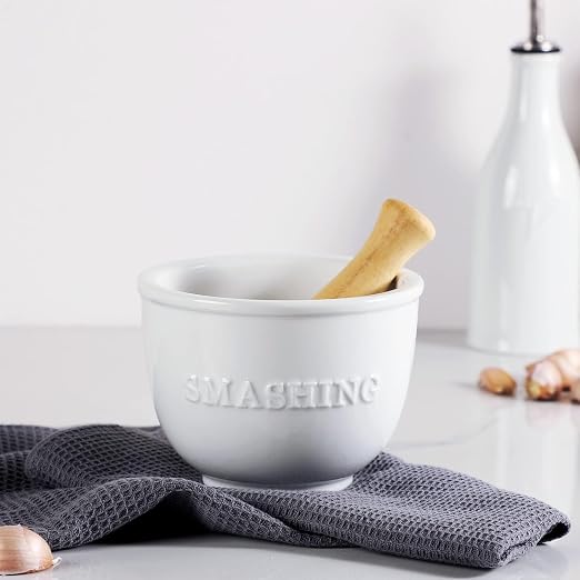 Wooden Procelain Mortar and Pestle Set, Ceramic Pill Crusher Spice Grinder, Herb Bowl, 3.7 inch White