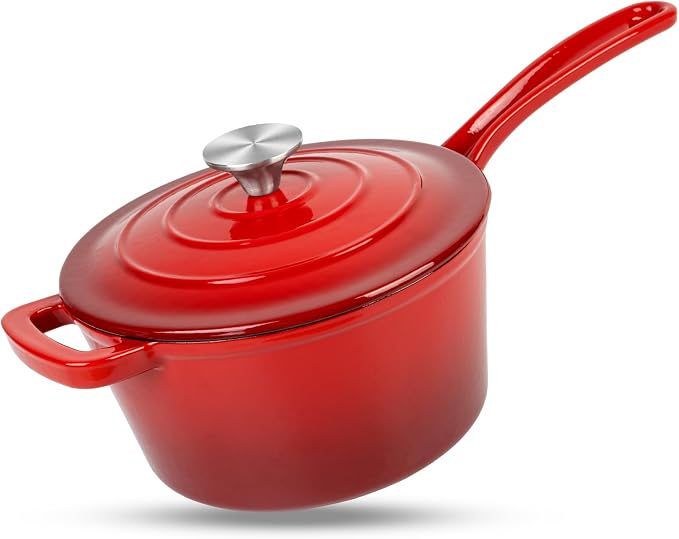 Enameled Cast Iron Sauce Pan, 2 Quarts Round Sauce Pot with Lid, Mini Dutch Oven Enamel Saucepan for Cooking Pasta Sauce, Marinate, Cook, Refrigerate and Serve, Gradient Red