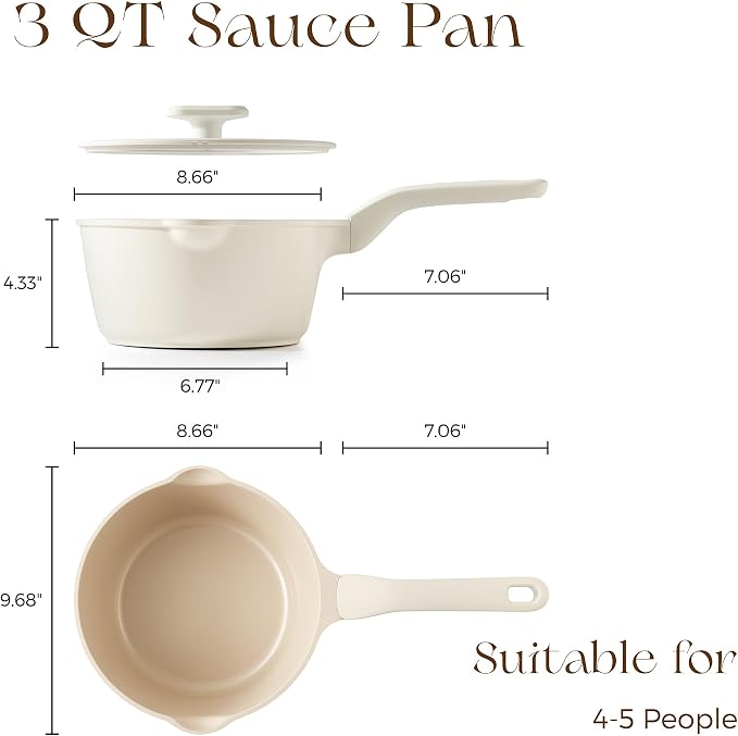 PRICUSIS Ceramic Nonstick Saucepan with Lid, 3 Quart Non Toxic Pot with Pour Spouts, Full Coated, 100% Dishwasher Safe, Induction Compatible, PTFE PFAS & PFOA Free, Coconut White