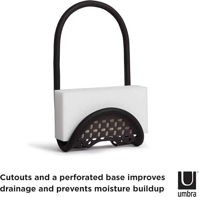 Umbra Sling Flexible Sink Caddy, Elastic Non-Slip Sponge Holder, Black | Rubber material, perforated base for drainage, prevents moisture buildup, fits faucet necks, easy rinse clean