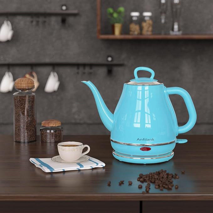 Anfilank Electric Gooseneck Kettle, 1L 1500W Fast Boil, 100% Stainless Steel BPA Free Pour-Over Coffee & Tea Kettle, Water Boiler with Auto Shut & Boil-Dry Protection, Turquoise